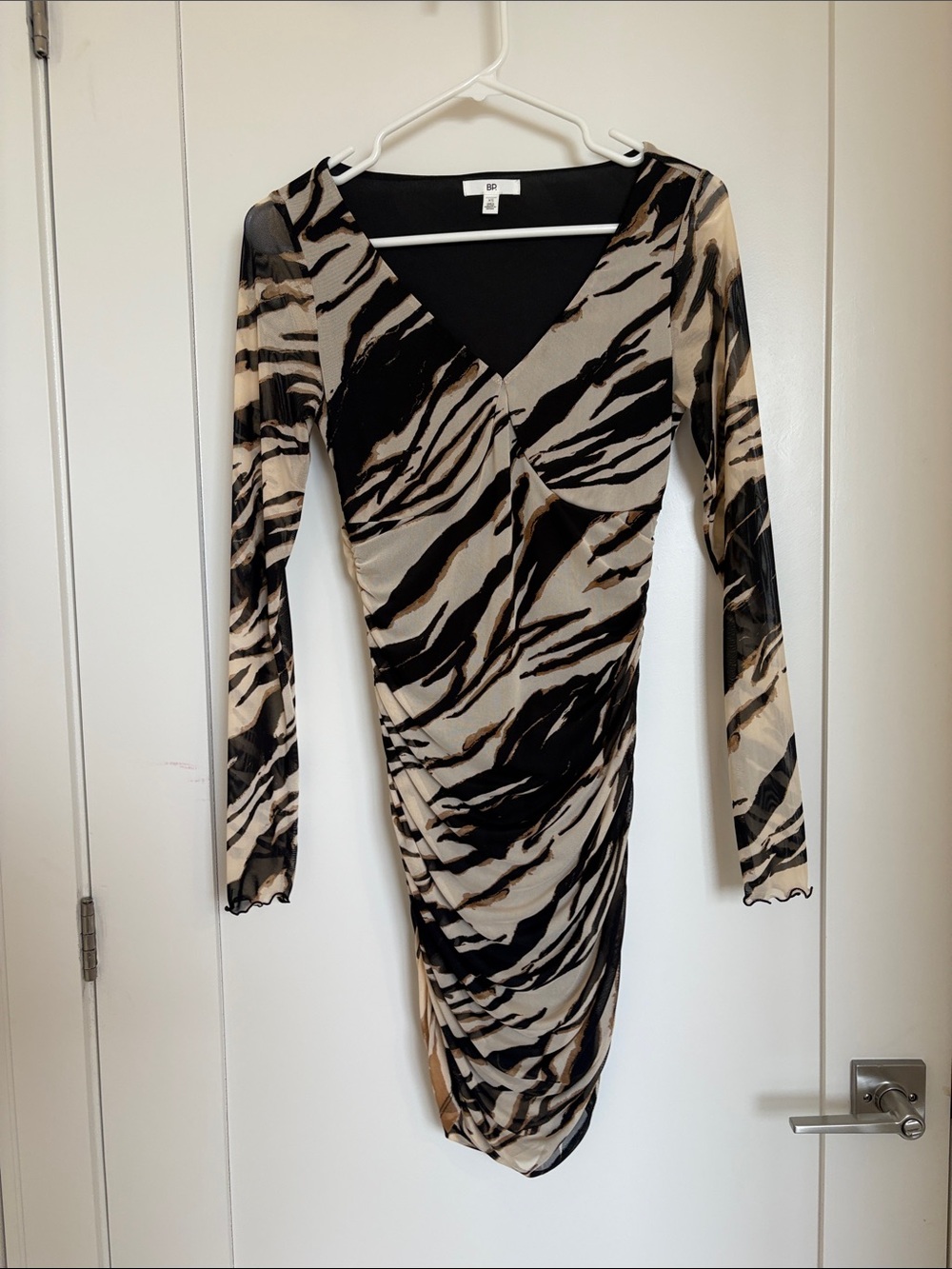 Express Wrap-Style Long Sleeve Dress in Black and Cream